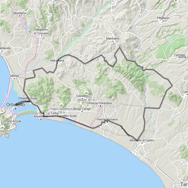 Kartminiatyr av "Orbetello till Polveriera Guzman" cykelinspiration i Toscana, Italy. Genererad av Tarmacs.app cykelruttplanerare