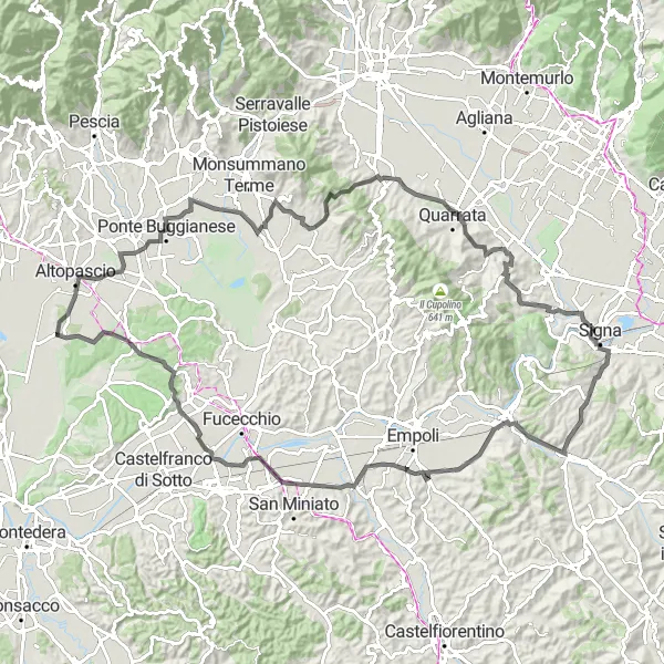 Zemljevid v pomanjšavi "Razgibana cestna pot do Gallena" kolesarske inspiracije v Toscana, Italy. Generirano z načrtovalcem kolesarskih poti Tarmacs.app