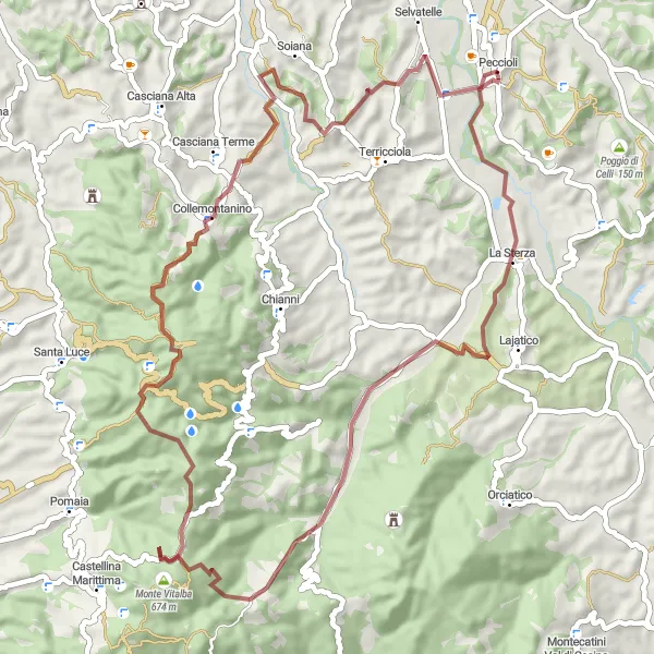 Karttaminiaatyyri "Kukkulat ja maaseutumaisemat" pyöräilyinspiraatiosta alueella Toscana, Italy. Luotu Tarmacs.app pyöräilyreittisuunnittelijalla