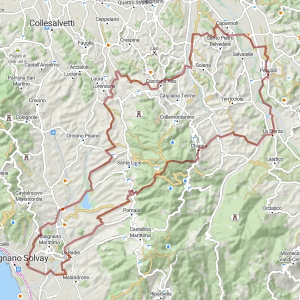 Miniature de la carte de l'inspiration cycliste "Aventure naturelle en gravel entre Chianni et Capannoli" dans la Toscana, Italy. Générée par le planificateur d'itinéraire cycliste Tarmacs.app