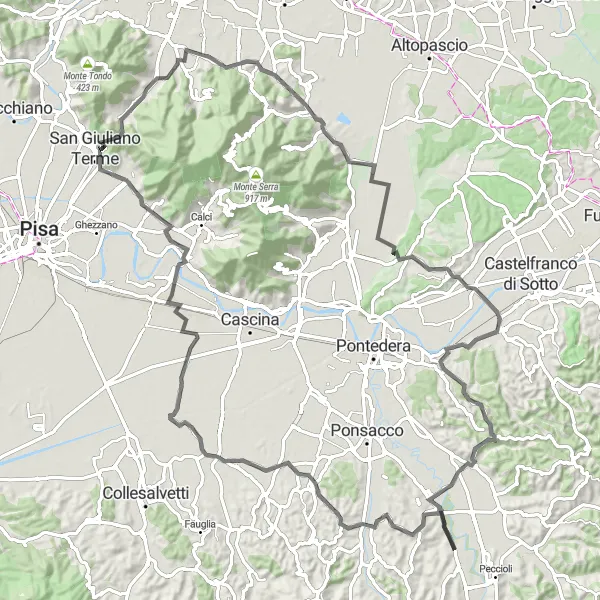 Miniatura della mappa di ispirazione al ciclismo "Cicloturismo su strada tra Cevoli e Monte Cucco" nella regione di Toscana, Italy. Generata da Tarmacs.app, pianificatore di rotte ciclistiche