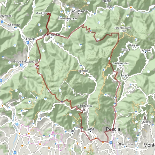 Miniatura della mappa di ispirazione al ciclismo "Tra le montagne della Garfagnana" nella regione di Toscana, Italy. Generata da Tarmacs.app, pianificatore di rotte ciclistiche
