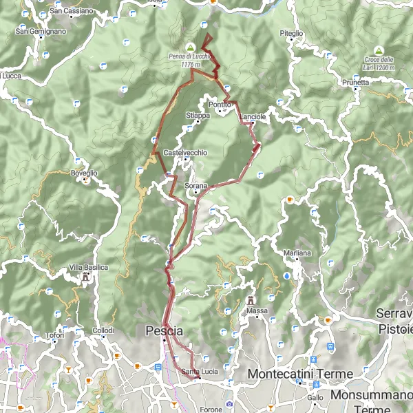 Miniatura della mappa di ispirazione al ciclismo "Giro in bicicletta da Pescia a Uzzano Castello" nella regione di Toscana, Italy. Generata da Tarmacs.app, pianificatore di rotte ciclistiche