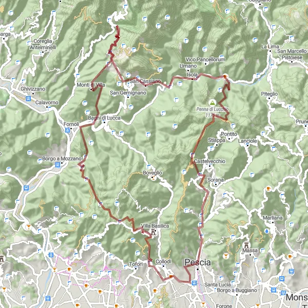 Kartminiatyr av "Grusvei sykling rundt Pescia" sykkelinspirasjon i Toscana, Italy. Generert av Tarmacs.app sykkelrutoplanlegger