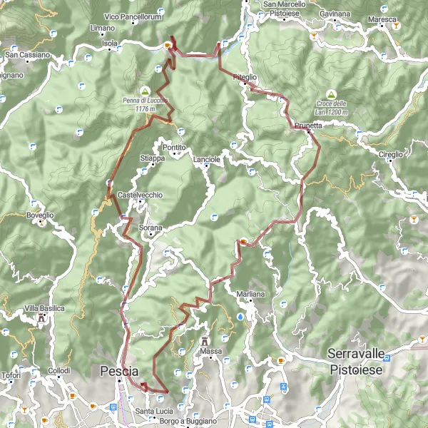 Miniaturní mapa "Náročný gravelový okruh okolo Pescia" inspirace pro cyklisty v oblasti Toscana, Italy. Vytvořeno pomocí plánovače tras Tarmacs.app