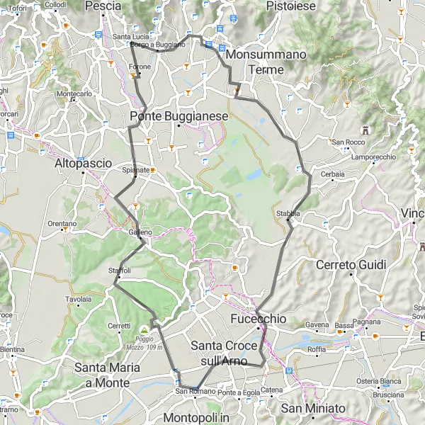 Miniatura della mappa di ispirazione al ciclismo "Giro in bicicletta da Pescia a Montecatini Terme" nella regione di Toscana, Italy. Generata da Tarmacs.app, pianificatore di rotte ciclistiche