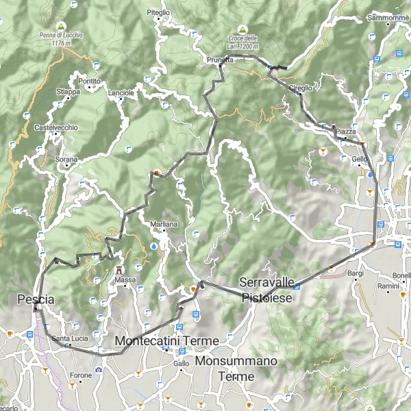 Miniatura della mappa di ispirazione al ciclismo "Giro in bicicletta da Pescia a Montecatini Terme" nella regione di Toscana, Italy. Generata da Tarmacs.app, pianificatore di rotte ciclistiche