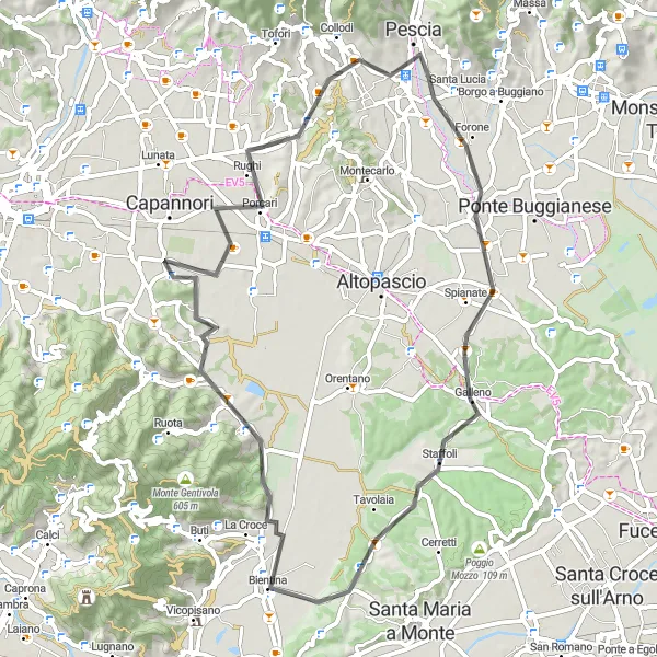 Mapa miniatúra "Road Cycling through Tuscany Countryside" cyklistická inšpirácia v Toscana, Italy. Vygenerované cyklistickým plánovačom trás Tarmacs.app