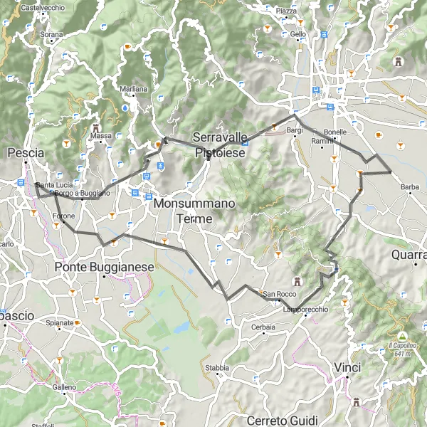 Miniatua del mapa de inspiración ciclista "Ruta Escénica a Montecatini Terme y Lamporecchio" en Toscana, Italy. Generado por Tarmacs.app planificador de rutas ciclistas