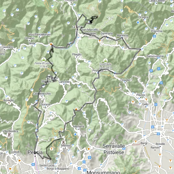 Karttaminiaatyyri "Maantieretki vuoristomaisemissa" pyöräilyinspiraatiosta alueella Toscana, Italy. Luotu Tarmacs.app pyöräilyreittisuunnittelijalla