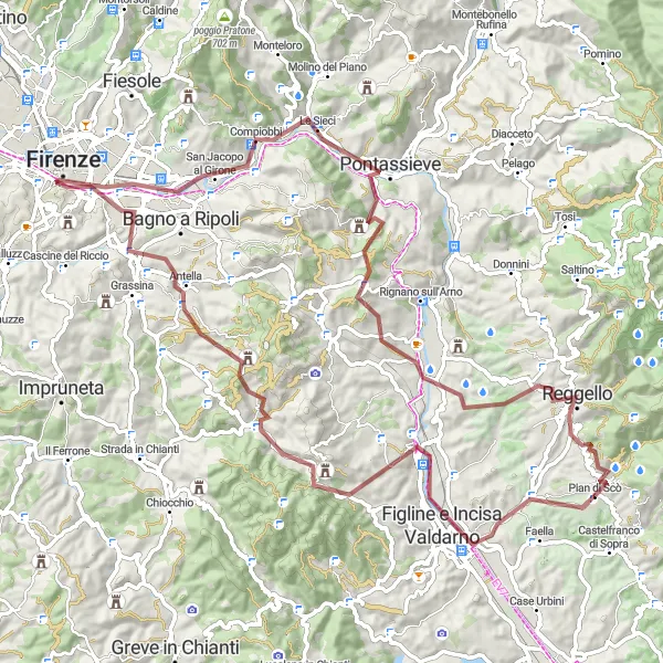 Miniatua del mapa de inspiración ciclista "Ruta de Grava de Pontassieve" en Toscana, Italy. Generado por Tarmacs.app planificador de rutas ciclistas
