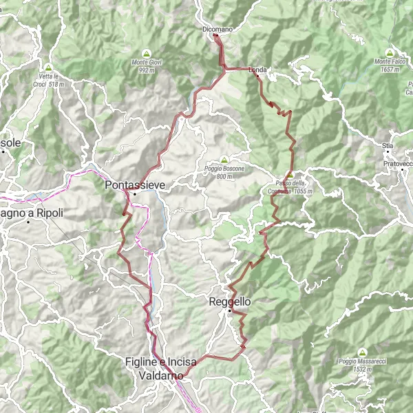 Zemljevid v pomanjšavi "Pian di Scò - Secchieta" kolesarske inspiracije v Toscana, Italy. Generirano z načrtovalcem kolesarskih poti Tarmacs.app