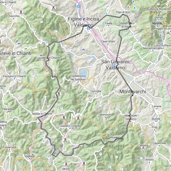 Miniatura della mappa di ispirazione al ciclismo "Road-Volta tra Radda in Chianti e Figline e Incisa Valdarno" nella regione di Toscana, Italy. Generata da Tarmacs.app, pianificatore di rotte ciclistiche