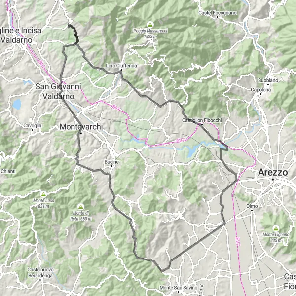 Zemljevid v pomanjšavi "Cestna kolesarska pot okoli Pian di Scò" kolesarske inspiracije v Toscana, Italy. Generirano z načrtovalcem kolesarskih poti Tarmacs.app