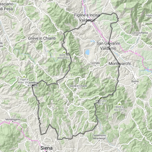 Miniatua del mapa de inspiración ciclista "Ruta de Pian di Scò a Figline e Incisa Valdarno" en Toscana, Italy. Generado por Tarmacs.app planificador de rutas ciclistas