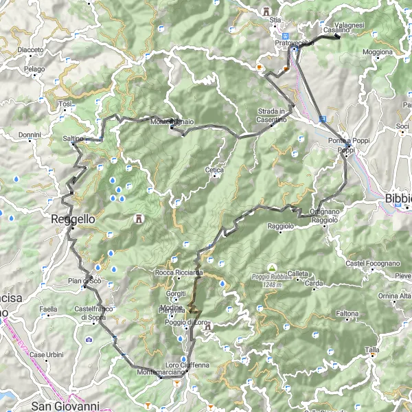 Miniaturekort af cykelinspirationen "Rundtur på landevejen til Pratomagno-bjergene" i Toscana, Italy. Genereret af Tarmacs.app cykelruteplanlægger
