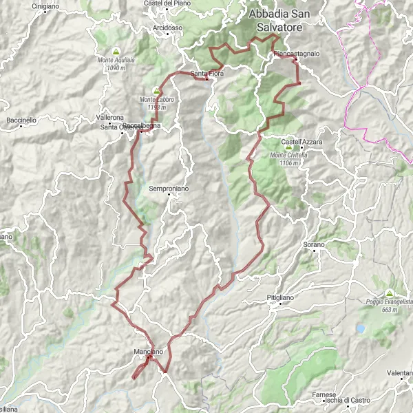 Map miniature of "Gravel Adventure: From Piancastagnaio to Santa Fiora" cycling inspiration in Toscana, Italy. Generated by Tarmacs.app cycling route planner