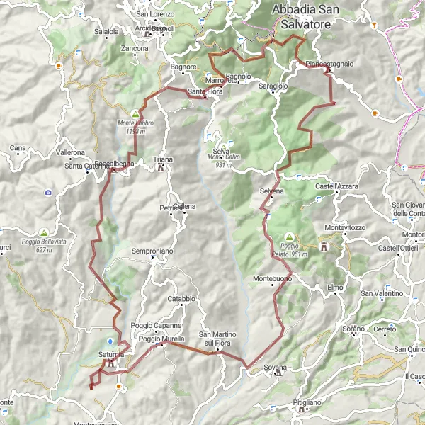 Kartminiatyr av "Utforsk Saturnias varme kilder og pittoreske landsbyer" sykkelinspirasjon i Toscana, Italy. Generert av Tarmacs.app sykkelrutoplanlegger