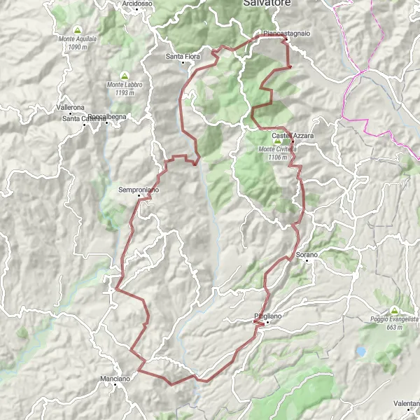 Map miniature of "Gravel Adventure to Pitigliano" cycling inspiration in Toscana, Italy. Generated by Tarmacs.app cycling route planner