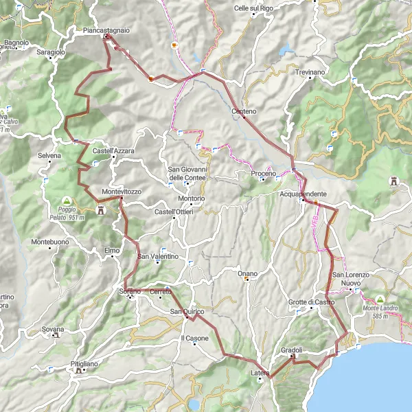 Miniatua del mapa de inspiración ciclista "Ruta de bicicleta de grava con vistas panorámicas en Piancastagnaio" en Toscana, Italy. Generado por Tarmacs.app planificador de rutas ciclistas