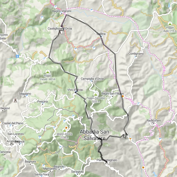 Map miniature of "Picturesque Route: Abbadia San Salvatore to Piancastagnaio Loop" cycling inspiration in Toscana, Italy. Generated by Tarmacs.app cycling route planner