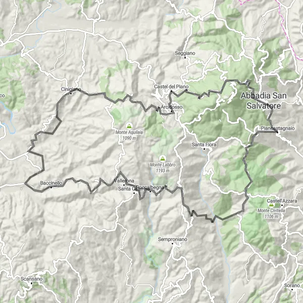 Miniatua del mapa de inspiración ciclista "Ruta de Saragiolo a Abbadia San Salvatore" en Toscana, Italy. Generado por Tarmacs.app planificador de rutas ciclistas