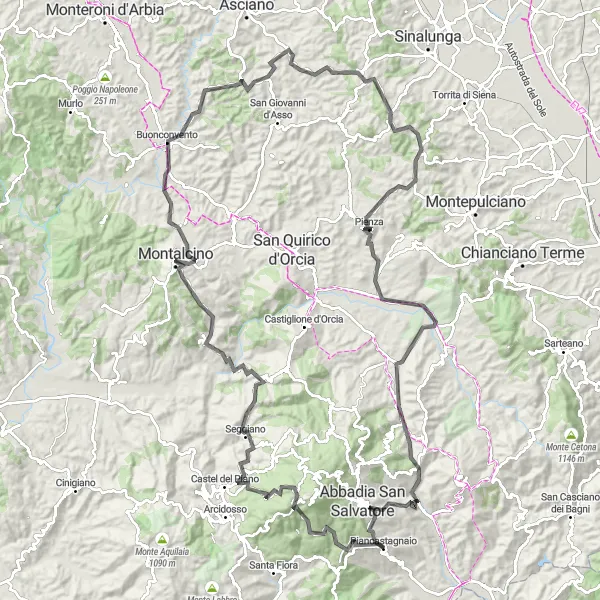 Miniatua del mapa de inspiración ciclista "Ruta panorámica en bicicleta de carretera cerca de Piancastagnaio" en Toscana, Italy. Generado por Tarmacs.app planificador de rutas ciclistas