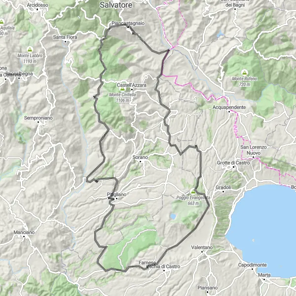 Miniatua del mapa de inspiración ciclista "Ruta de ciclismo de carretera por Piancastagnaio" en Toscana, Italy. Generado por Tarmacs.app planificador de rutas ciclistas