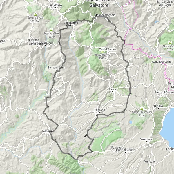 Zemljevid v pomanjšavi "Raziskovanje Pitigliana" kolesarske inspiracije v Toscana, Italy. Generirano z načrtovalcem kolesarskih poti Tarmacs.app