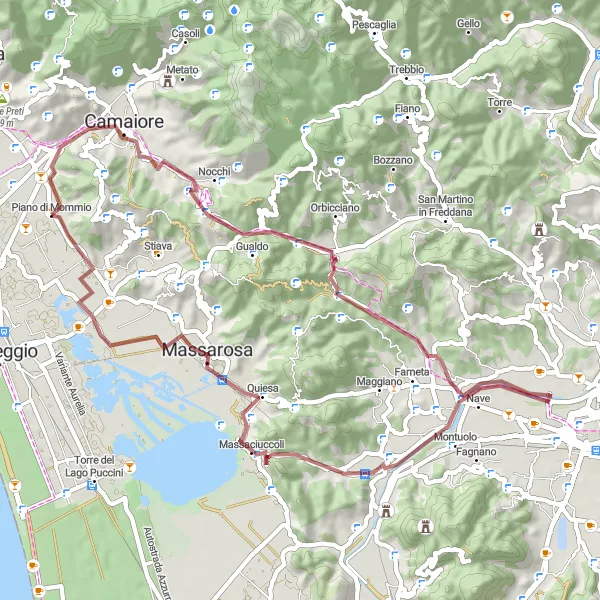 Mapa miniatúra "Gravelová trasa cez Montemagno a Piazzano" cyklistická inšpirácia v Toscana, Italy. Vygenerované cyklistickým plánovačom trás Tarmacs.app