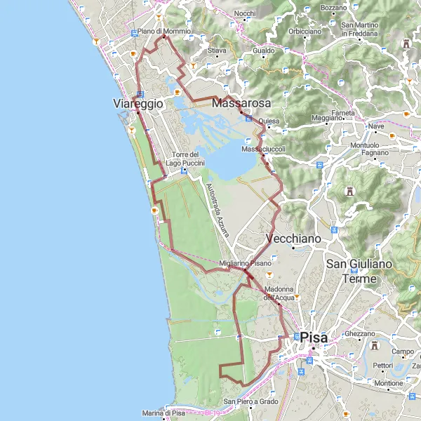 Mapa miniatúra "Gravel okruh cez Massaciuccoli a Viareggio" cyklistická inšpirácia v Toscana, Italy. Vygenerované cyklistickým plánovačom trás Tarmacs.app