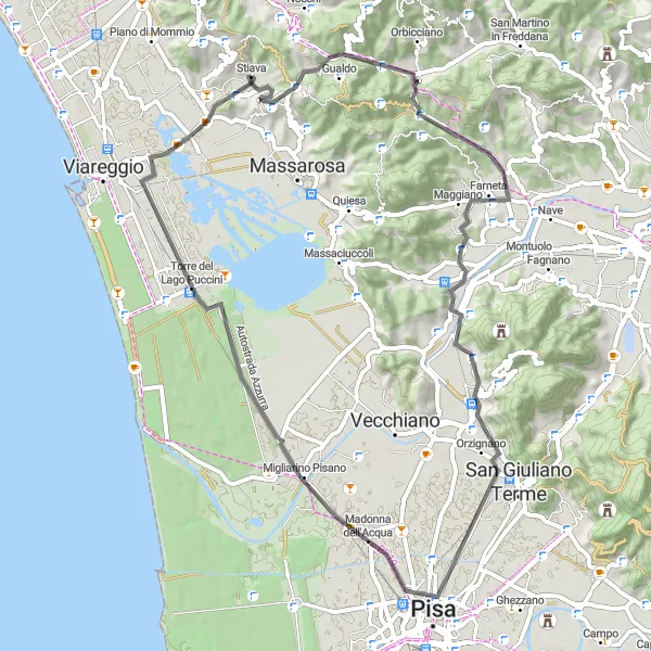 Miniatura della mappa di ispirazione al ciclismo "Giro in bici da Strada vicino a Piano di Conca" nella regione di Toscana, Italy. Generata da Tarmacs.app, pianificatore di rotte ciclistiche