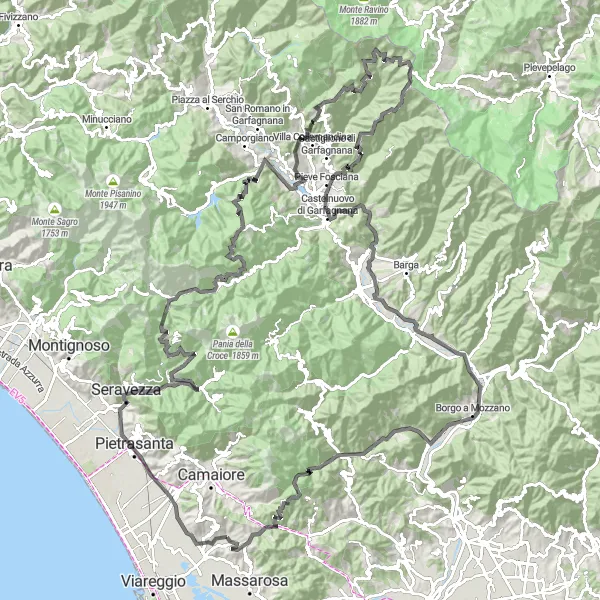 Miniatua del mapa de inspiración ciclista "Ruta de ciclismo de carretera hacia Castelnuovo di Garfagnana" en Toscana, Italy. Generado por Tarmacs.app planificador de rutas ciclistas