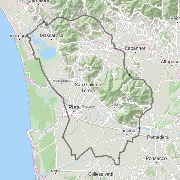 Kartminiatyr av "Valpromaro til Torre del Lago Puccini" sykkelinspirasjon i Toscana, Italy. Generert av Tarmacs.app sykkelrutoplanlegger
