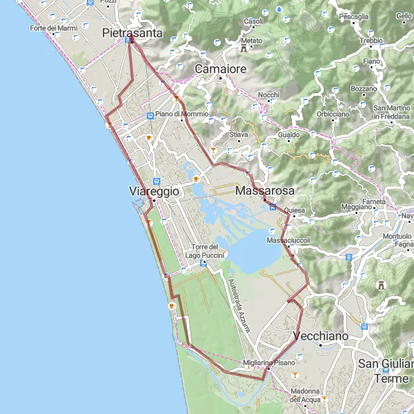 Miniatua del mapa de inspiración ciclista "Exploración de Monte Regoli y Viareggio en Gravel" en Toscana, Italy. Generado por Tarmacs.app planificador de rutas ciclistas