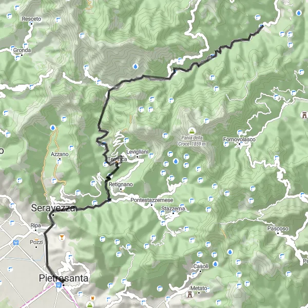 Kartminiatyr av "Eventyrlig Kretstur gjennom Seravezza og Giustagnana" sykkelinspirasjon i Toscana, Italy. Generert av Tarmacs.app sykkelrutoplanlegger