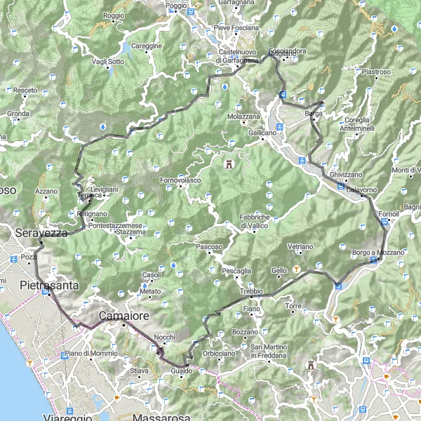 Miniatura della mappa di ispirazione al ciclismo "Saliscendi tra le Alpi e la Versilia" nella regione di Toscana, Italy. Generata da Tarmacs.app, pianificatore di rotte ciclistiche