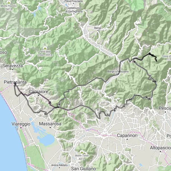 Miniatuurkaart van de fietsinspiratie "Roadtrip naar Stiava en Passo del Lucese" in Toscana, Italy. Gemaakt door de Tarmacs.app fietsrouteplanner