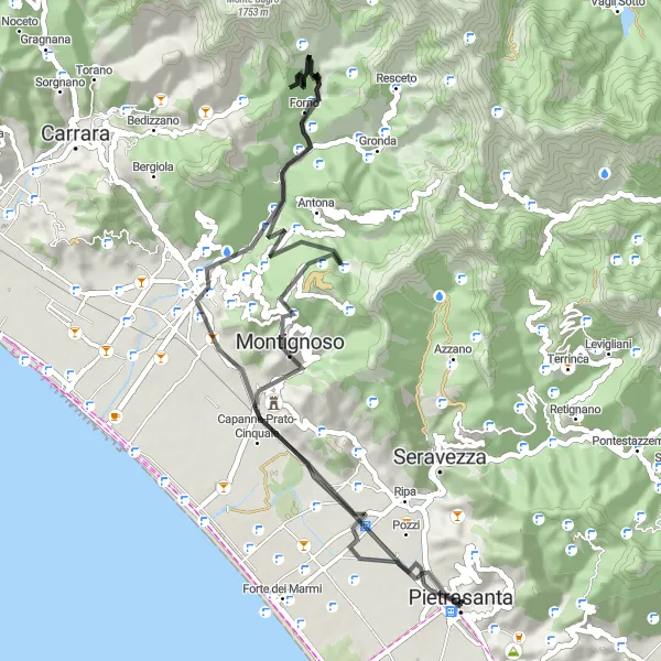 Map miniature of "Mountains and Tuscan Charms" cycling inspiration in Toscana, Italy. Generated by Tarmacs.app cycling route planner