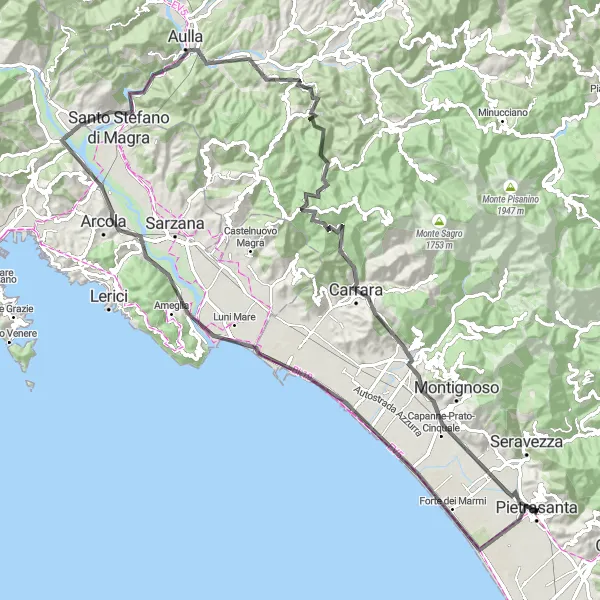 Kartminiatyr av "Kysten og fjellene i Versilia" sykkelinspirasjon i Toscana, Italy. Generert av Tarmacs.app sykkelrutoplanlegger