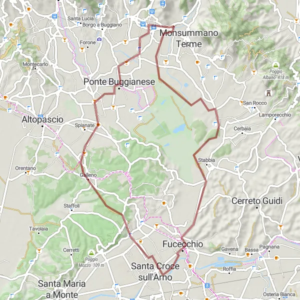 Map miniature of "Pieve a Nievole - Castelmartini - Santa Croce sull'Arno - Ponte Buggianese - Montecatini Terme Loop" cycling inspiration in Toscana, Italy. Generated by Tarmacs.app cycling route planner
