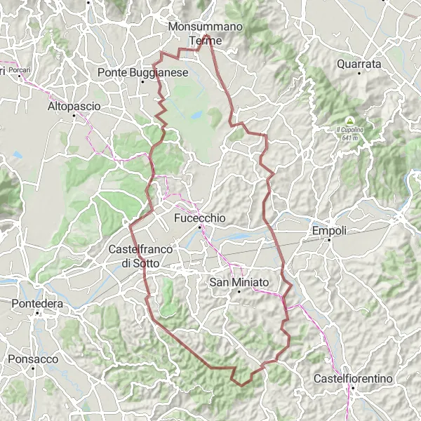 Map miniature of "Pieve a Nievole - Cerreto Guidi - Corazzano - Poggio Metato - Montopoli in Val d'Arno - Anchione - Monsummano Terme Loop" cycling inspiration in Toscana, Italy. Generated by Tarmacs.app cycling route planner