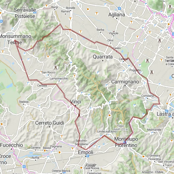 Map miniature of "Gravel Adventure to Monsummano Terme" cycling inspiration in Toscana, Italy. Generated by Tarmacs.app cycling route planner