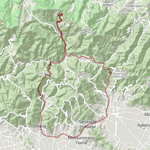 Map miniature of "Challenging Gravel Ride to San Marcello Pistoiese" cycling inspiration in Toscana, Italy. Generated by Tarmacs.app cycling route planner