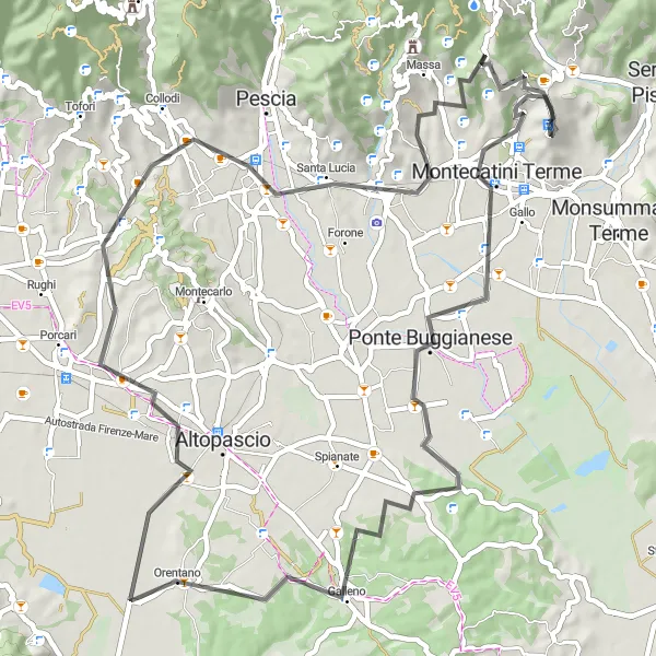 Miniaturní mapa "Vesnické cesty" inspirace pro cyklisty v oblasti Toscana, Italy. Vytvořeno pomocí plánovače tras Tarmacs.app