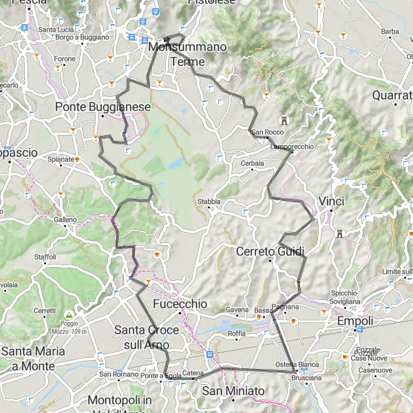 Map miniature of "Pieve a Nievole - Monsummano Terme - Lamporecchio - Ponte a Elsa - Santa Croce sull'Arno - Anchione - Grotta Parlanti Loop" cycling inspiration in Toscana, Italy. Generated by Tarmacs.app cycling route planner