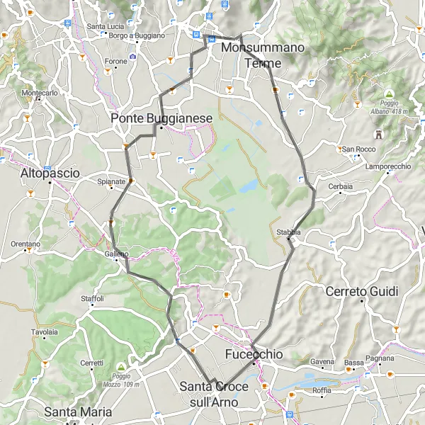 Map miniature of "Scenic Ride to Monsummano Terme" cycling inspiration in Toscana, Italy. Generated by Tarmacs.app cycling route planner