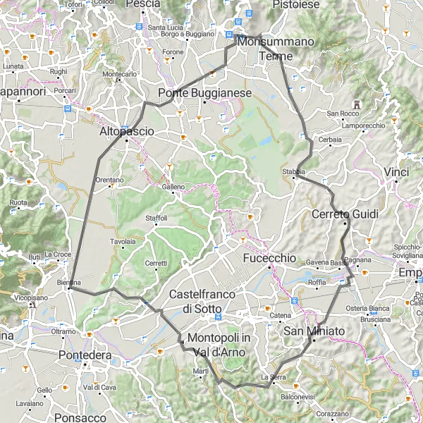 Map miniature of "Pieve a Nievole - Monsummano Terme - Cerreto Guidi - San Miniato - Santa Colomba - Chiesina Uzzanese - Montecatini Terme Loop" cycling inspiration in Toscana, Italy. Generated by Tarmacs.app cycling route planner