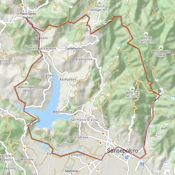 Zemljevid v pomanjšavi "Gorska kolesarska pot do Sansepolcro" kolesarske inspiracije v Toscana, Italy. Generirano z načrtovalcem kolesarskih poti Tarmacs.app