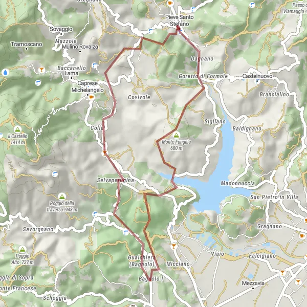 Map miniature of "Monte Fungaia and Monti Rognosi Gravel Loop" cycling inspiration in Toscana, Italy. Generated by Tarmacs.app cycling route planner